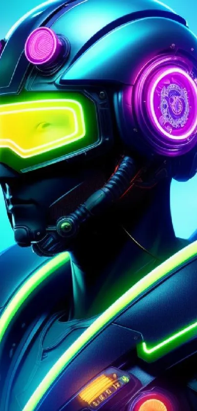 Futuristic cyber warrior with neon lights and vibrant colors.