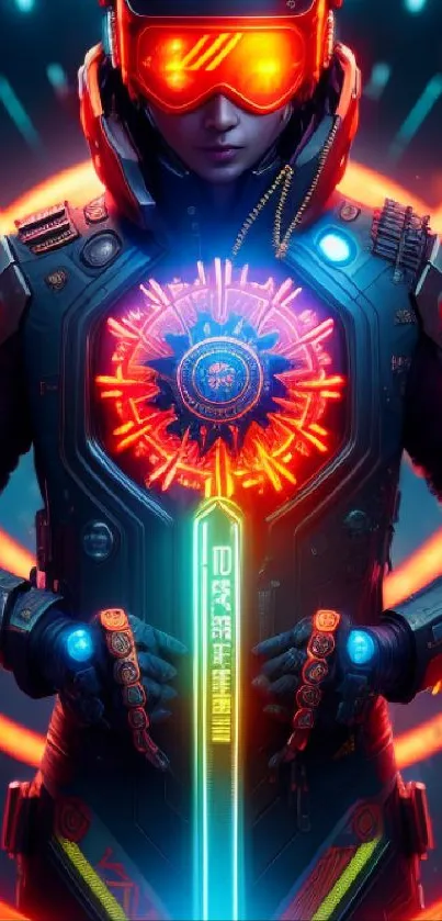 Neon cyber warrior with glowing armor and high-tech design.