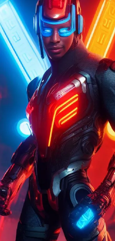 Futuristic neon cyber warrior with glowing blue and red elements.