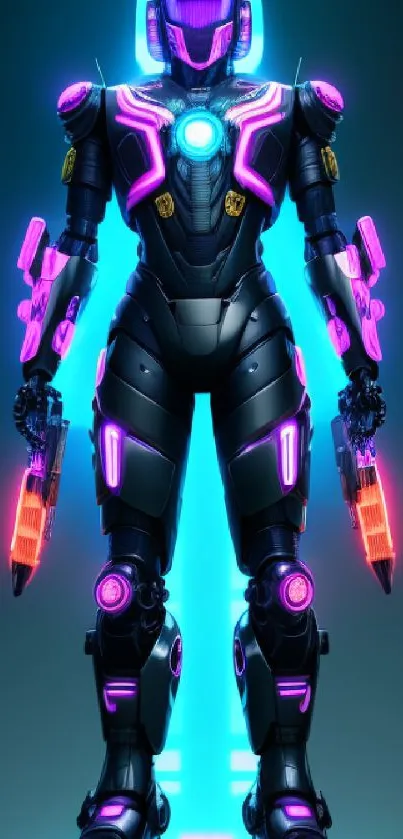 Futuristic neon cyber warrior with glowing armor and high-tech design.