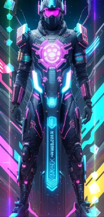 Futuristic cyber warrior in neon colors with tech-themed design.