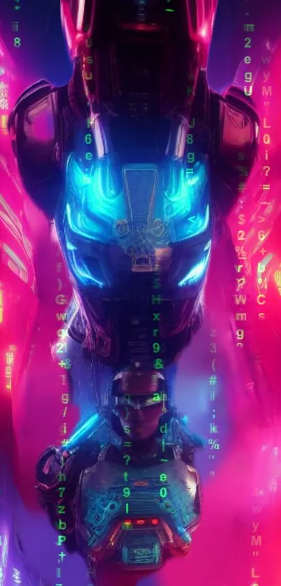 Futuristic neon cyber warrior with vibrant colors and digital elements.