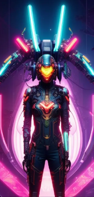 Futuristic neon cyber warrior in vibrant colors.