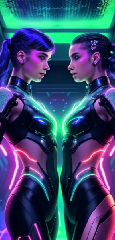 Futuristic neon cyber warriors in colorful attire.