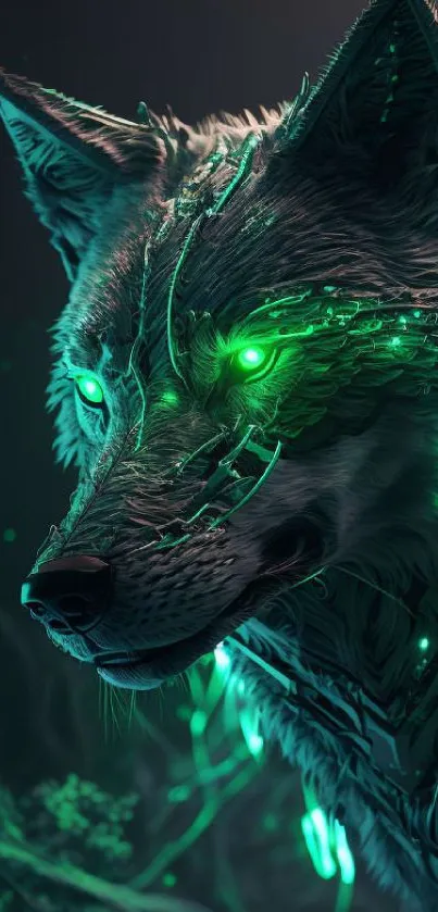 Futuristic neon cyber wolf with glowing green eyes in a digital forest.