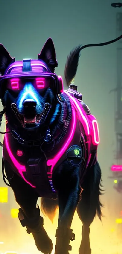 Futuristic cyberdog in neon cityscape wallpaper.