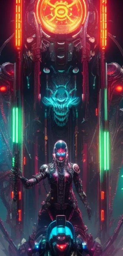 Futuristic cyberpunk wallpaper with neon lights and robotic characters.