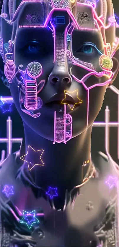 Futuristic cyberpunk humanoid with neon lights and stars.