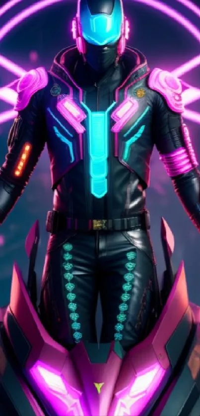 Futuristic neon cyberpunk art with a hero in vibrant colors.