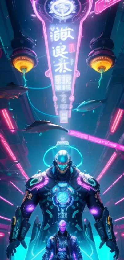 Futuristic cyberpunk art with neon lights and glowing cityscape elements.