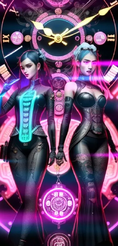 Futuristic neon cyberpunk wallpaper with intricate digital art design.