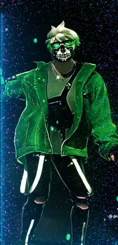 Futuristic neon cyberpunk character in green glowing attire.