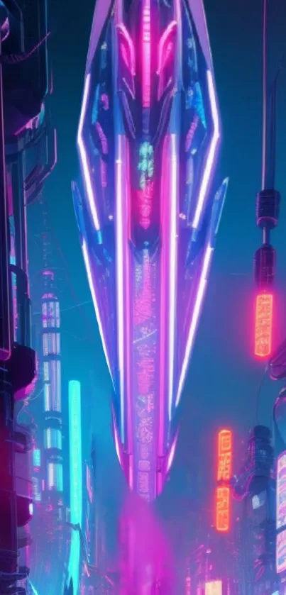 Futuristic cyberpunk cityscape with neon lights glowing in magenta hues.