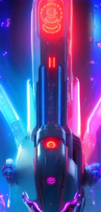 Futuristic neon cyberpunk wallpaper with vibrant blue and red hues.