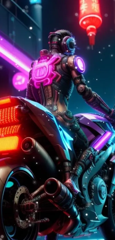 Futuristic biker in a neon-lit cyberpunk city.
