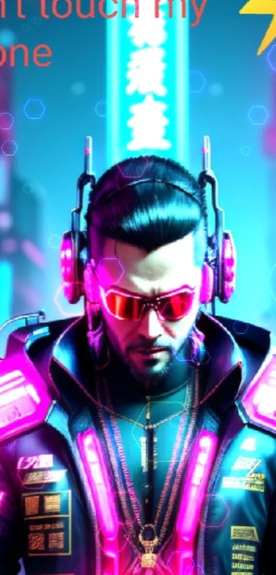 Futuristic cyberpunk character in neon lights with glowing attire.