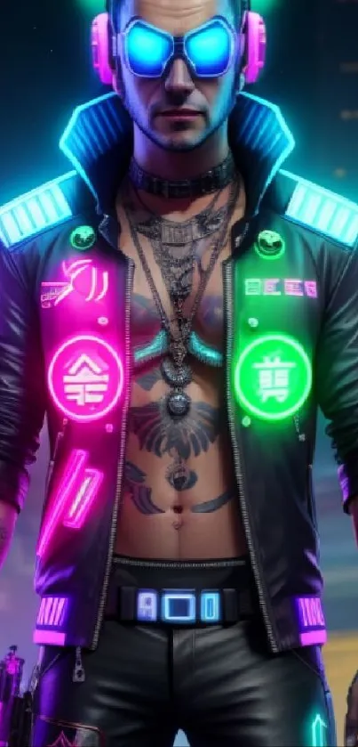 Futuristic neon cyberpunk character with glowing elements on a dark background.