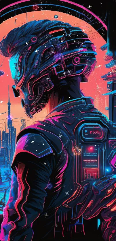 Futuristic cyberpunk neon art with cityscape background.