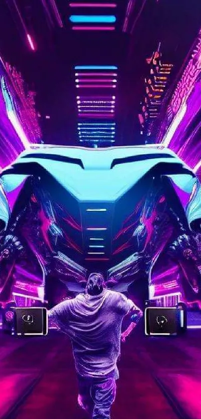 Futuristic cyberpunk neon scene with high-tech vehicle.