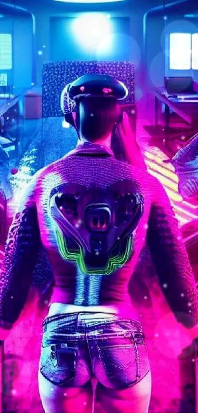 Futuristic virtual reality scene with neon lights and cyberpunk design.