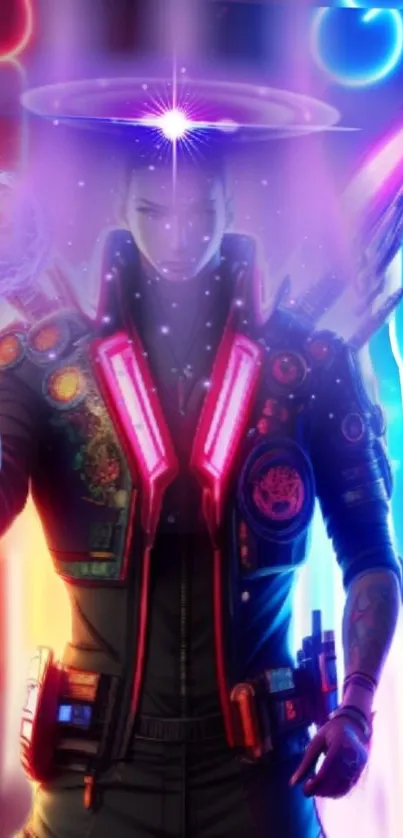 Futuristic cyberpunk character with neon glow.