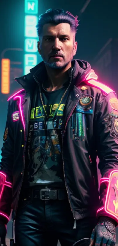 Cyberpunk character with neon lights in futuristic cityscape.