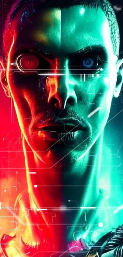 Futuristic cyberpunk wallpaper with neon red and blue figure.