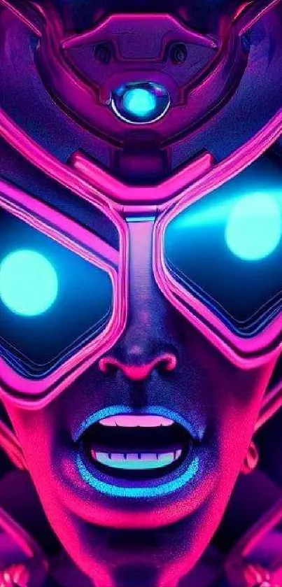 Futuristic neon cyberpunk face with glowing elements.