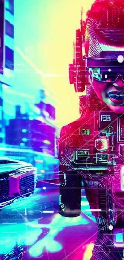 Futuristic neon cyberpunk art with vibrant colors and high-tech elements.