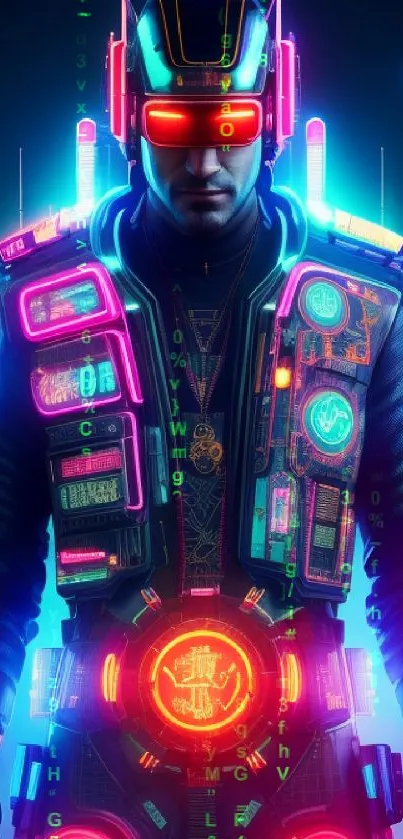 Futuristic neon cyberpunk character in glowing armor with vibrant lights.