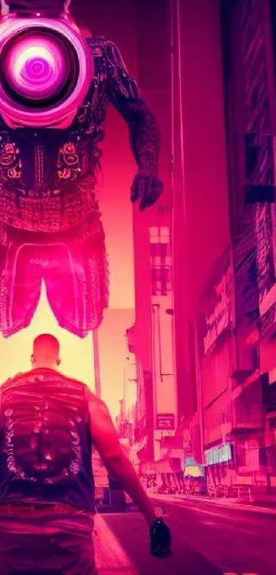 Futuristic street scene with neon lights and a robotic figure.