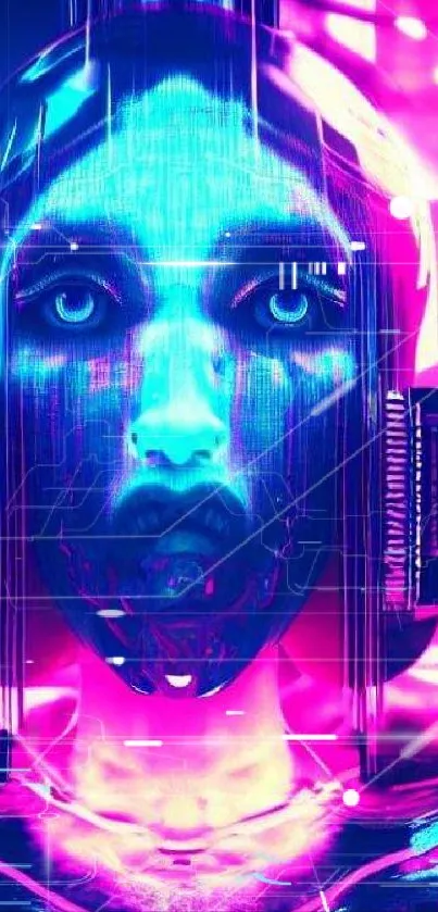 Futuristic neon cyberpunk art with a digital face and vibrant colors.