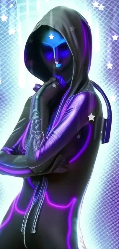 Futuristic neon cyberpunk character in hooded attire.