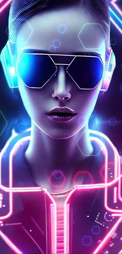 Futuristic neon cyberpunk art with glowing lights and bold design.