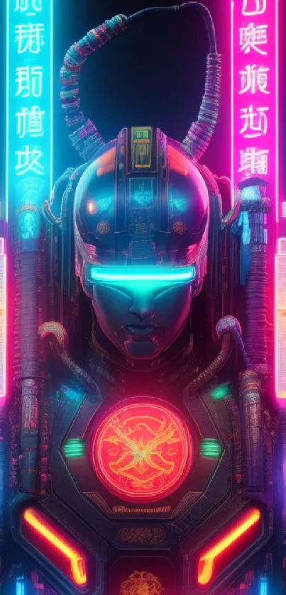 Neon cyberpunk robot with vibrant colors and futuristic design.