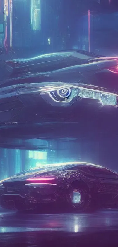 Futuristic neon cars in a cyberpunk cityscape mobile wallpaper.