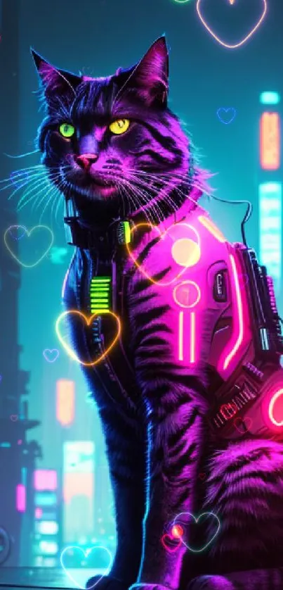 A cyberpunk cat in a neon-lit city backdrop.