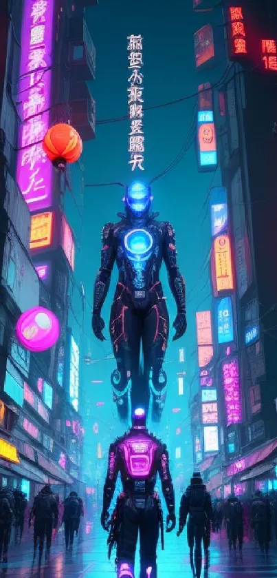 Futuristic cyberpunk city with neon lights and robots.