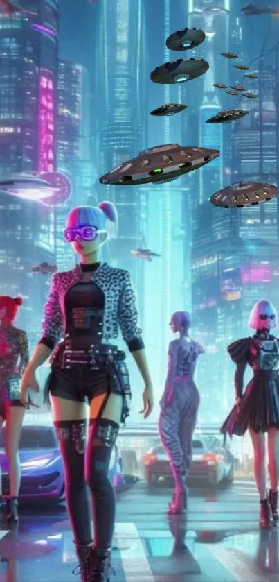 Futuristic cyberpunk city with neon lights and characters at night.