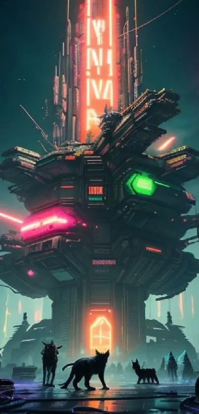 Futuristic cyberpunk cityscape with neon lights and silhouetted figures.
