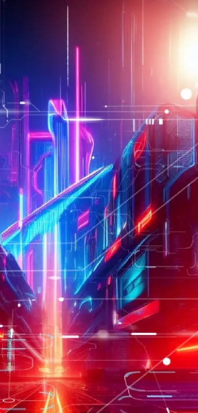 Futuristic neon cityscape with vibrant colors and cyberpunk elements.