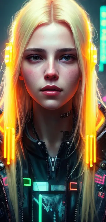 Futuristic cyberpunk girl in neon cityscape, vibrant colors.