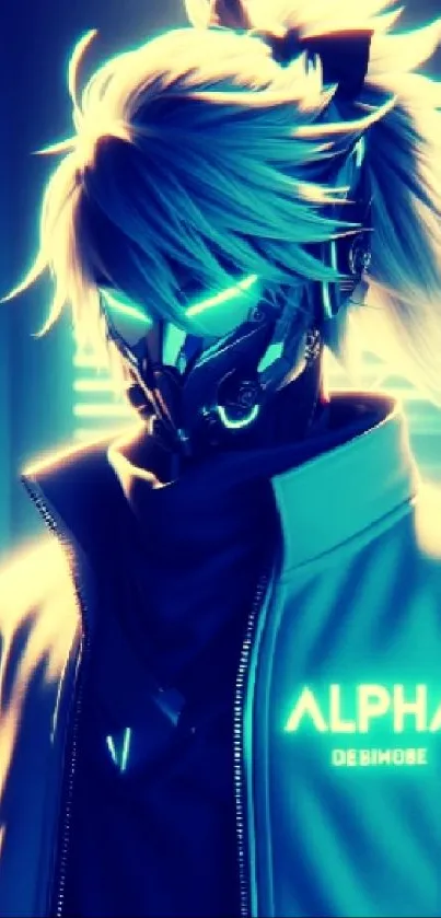 Futuristic cyberpunk hero in neon light, wearing a mask with glowing details.