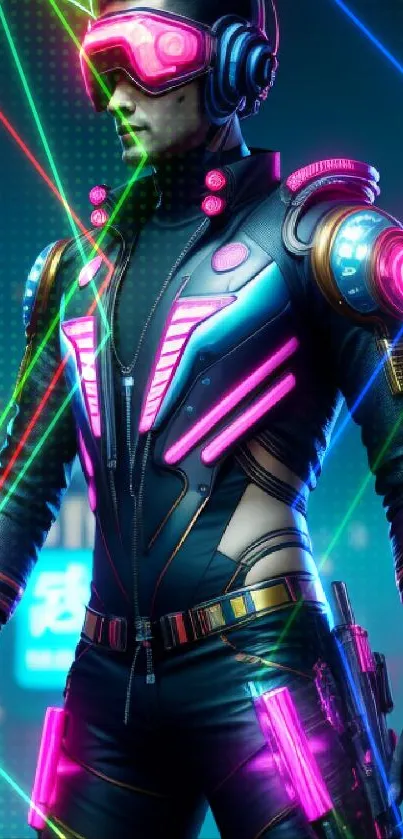 Futuristic neon cyberpunk hero in a colorful urban setting.