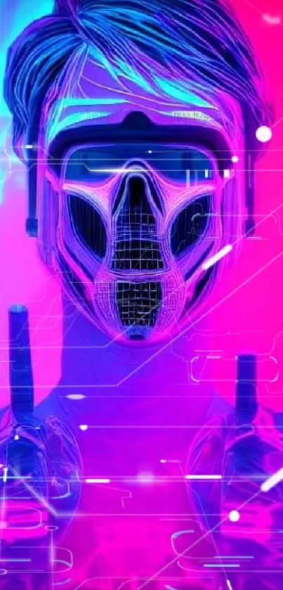 Futuristic cyberpunk character with neon pink and blue lights.