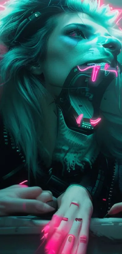 Futuristic cyberpunk wallpaper with neon blue glow and mechanical lion.