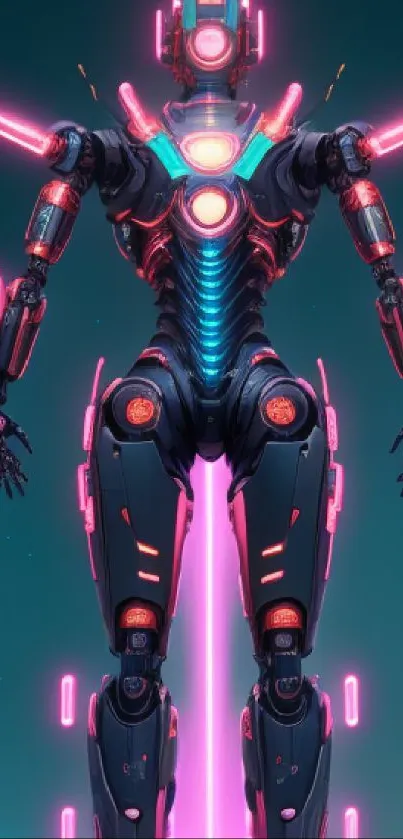 Futuristic neon cyberpunk robot in a vibrant cityscape.