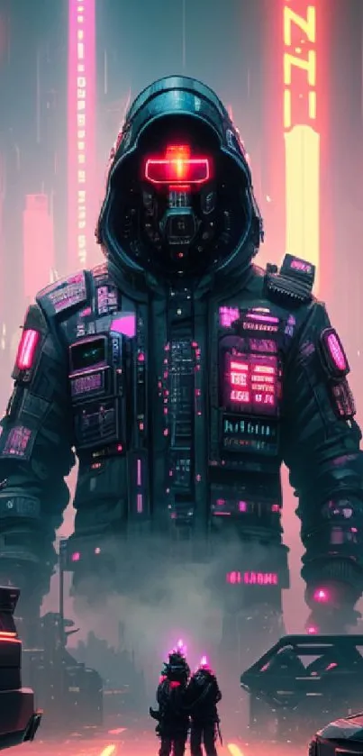 Giant neon-lit cyberpunk figure in futuristic city.