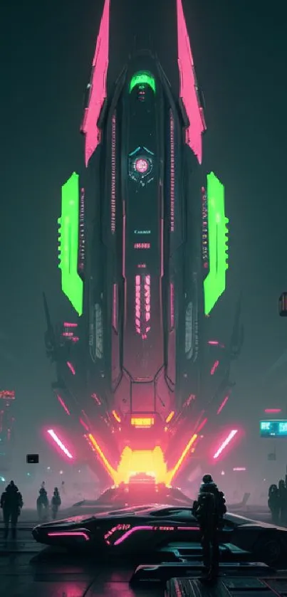 Futuristic cyberpunk cityscape with neon lights and spaceship.