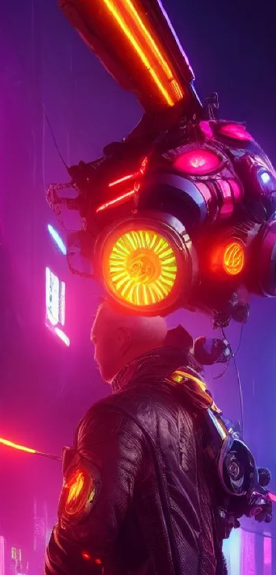 Cyberpunk figure in neon-lit futuristic cityscape.